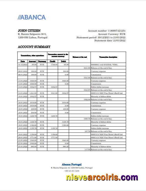 Portugal Abanca bank statement Excel and PDF
